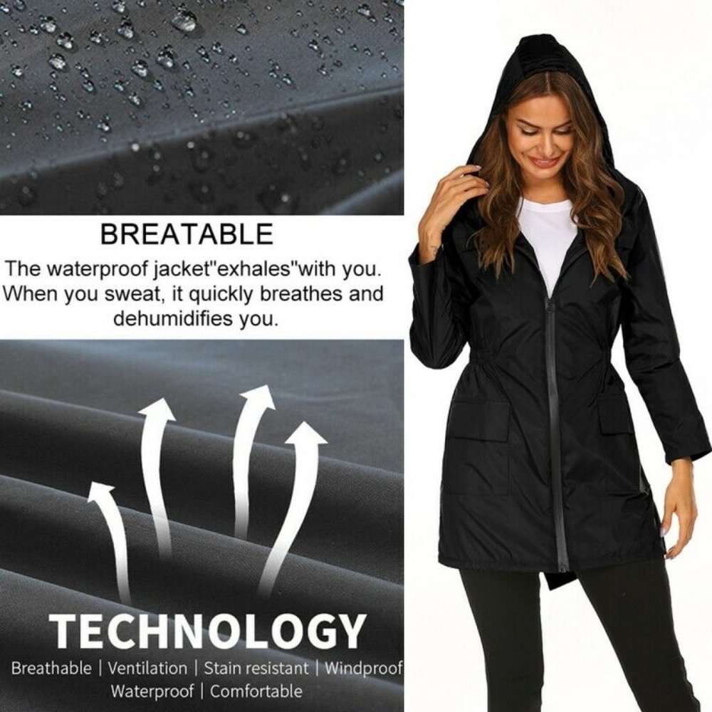 Women's Waterproof Jacket Ladies Hooded Outdoor Long Sleeve Raincoat Black S-XXL - Picture 4 of 6